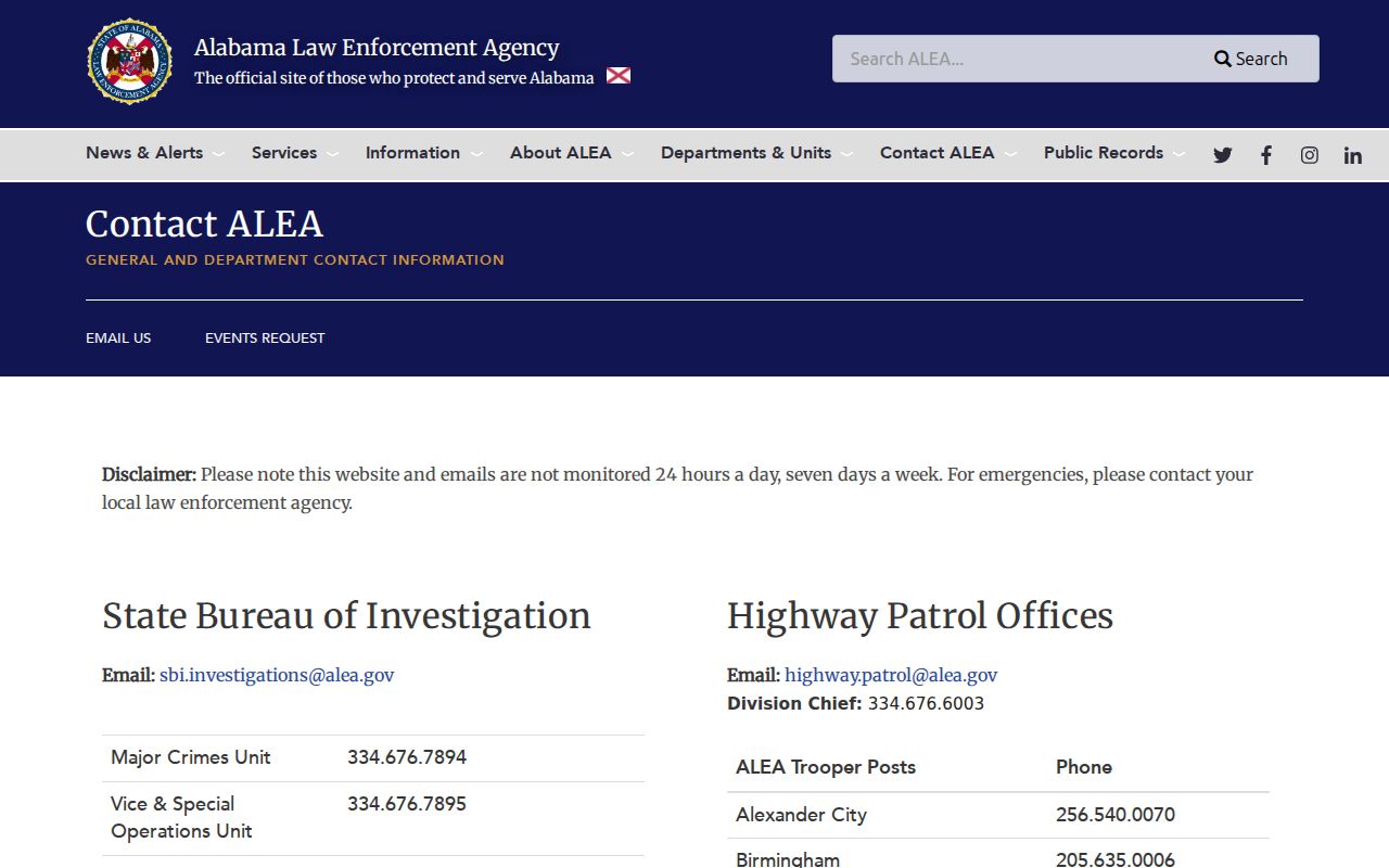 Alabama phone directory listing for ALEA statewide law enforcement contacts