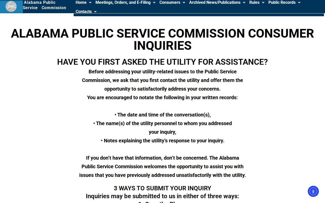 Alabama phone directory route for filing utility complaints with the PSC