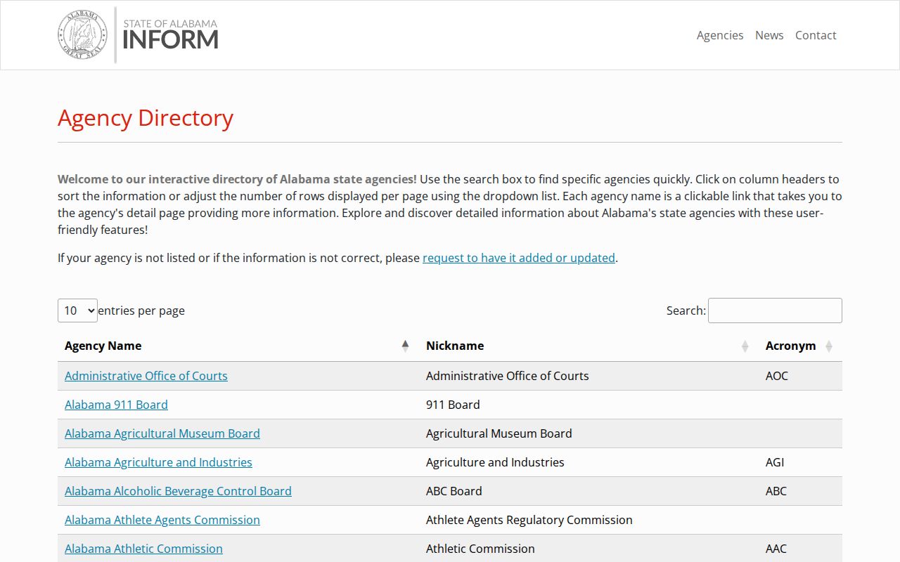 Alabama phone directory search page for state agencies on Inform Alabama