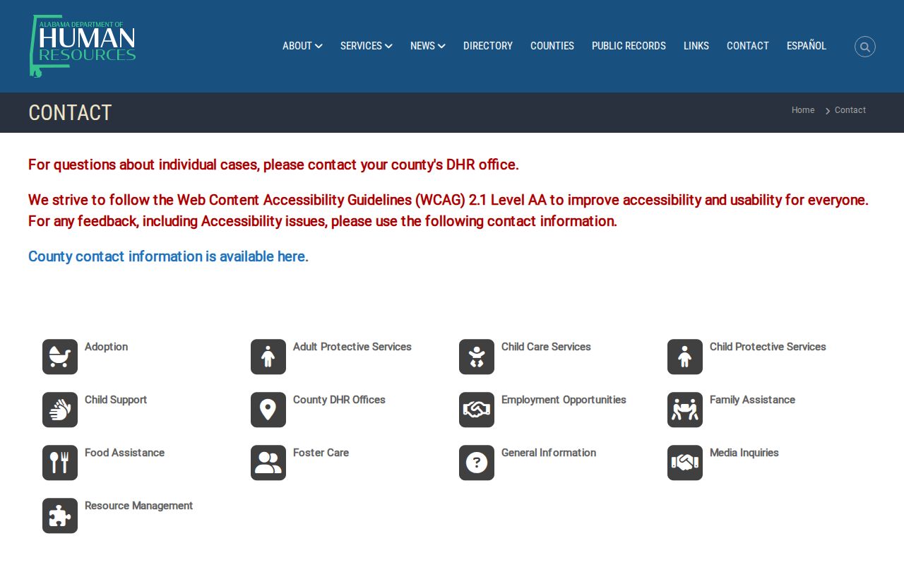 Alabama phone directory contact page for the Department of Human Resources