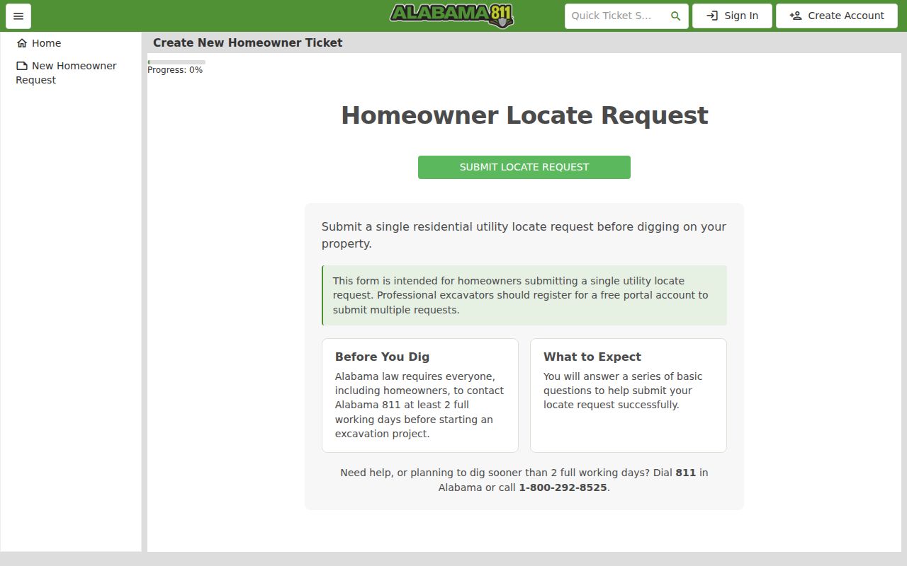 Alabama phone numbers alternative, the Alabama 811 homeowner dig ticket portal