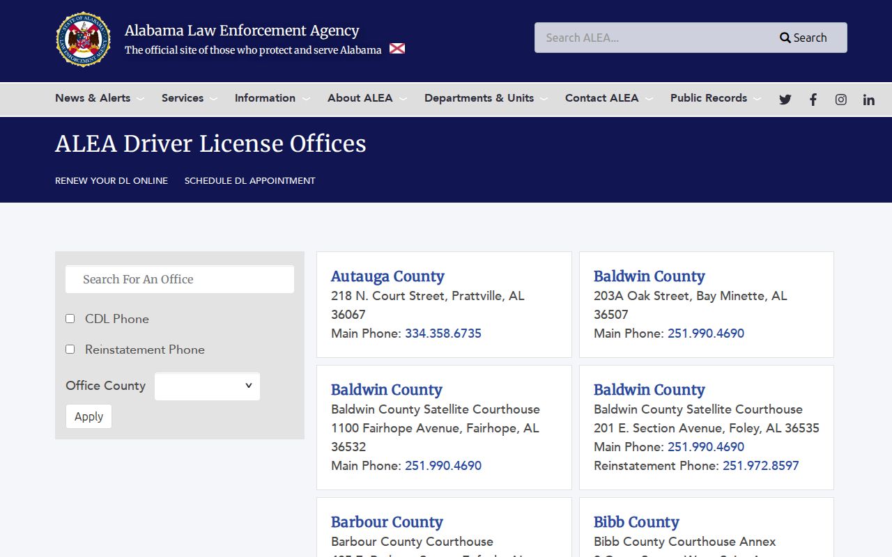 Alabama phone numbers for ALEA driver license offices by county