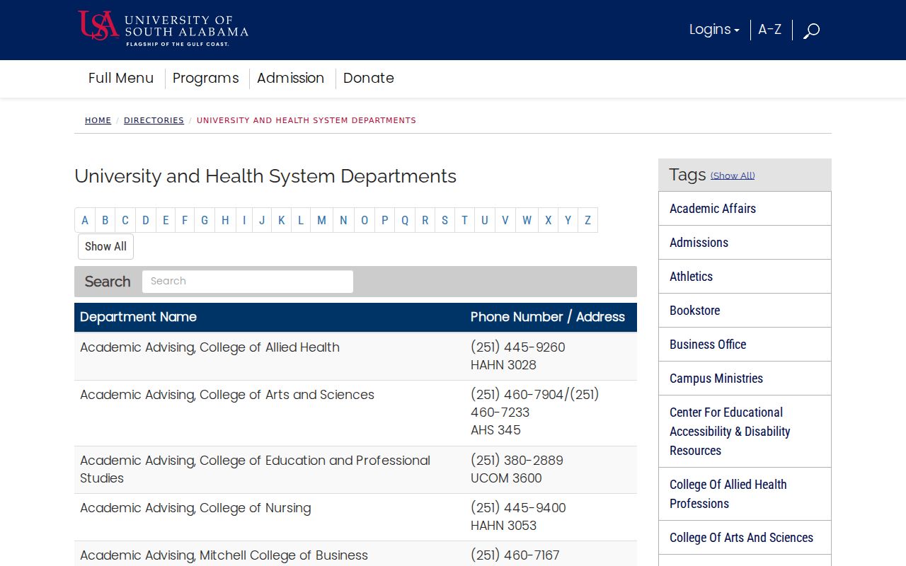 Alabama phone numbers in the University of South Alabama department directory