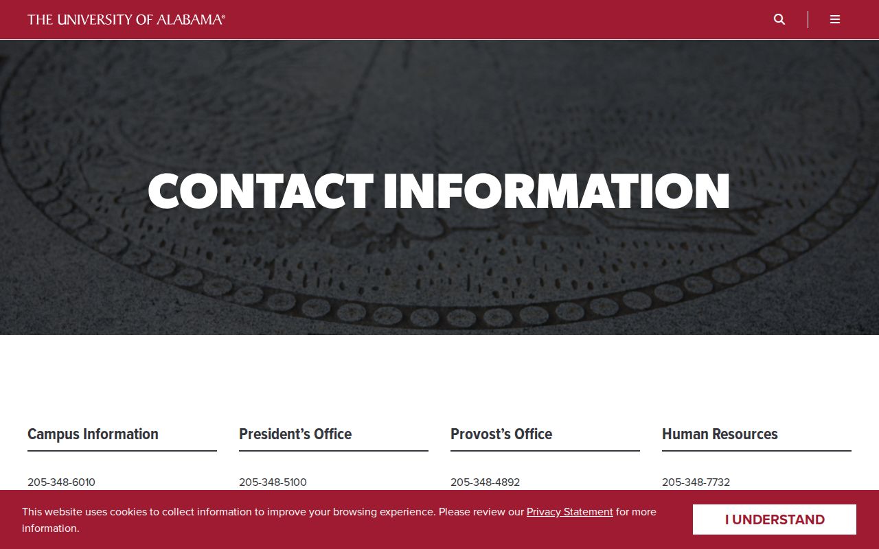 Alabama phone numbers on the University of Alabama campus contact directory